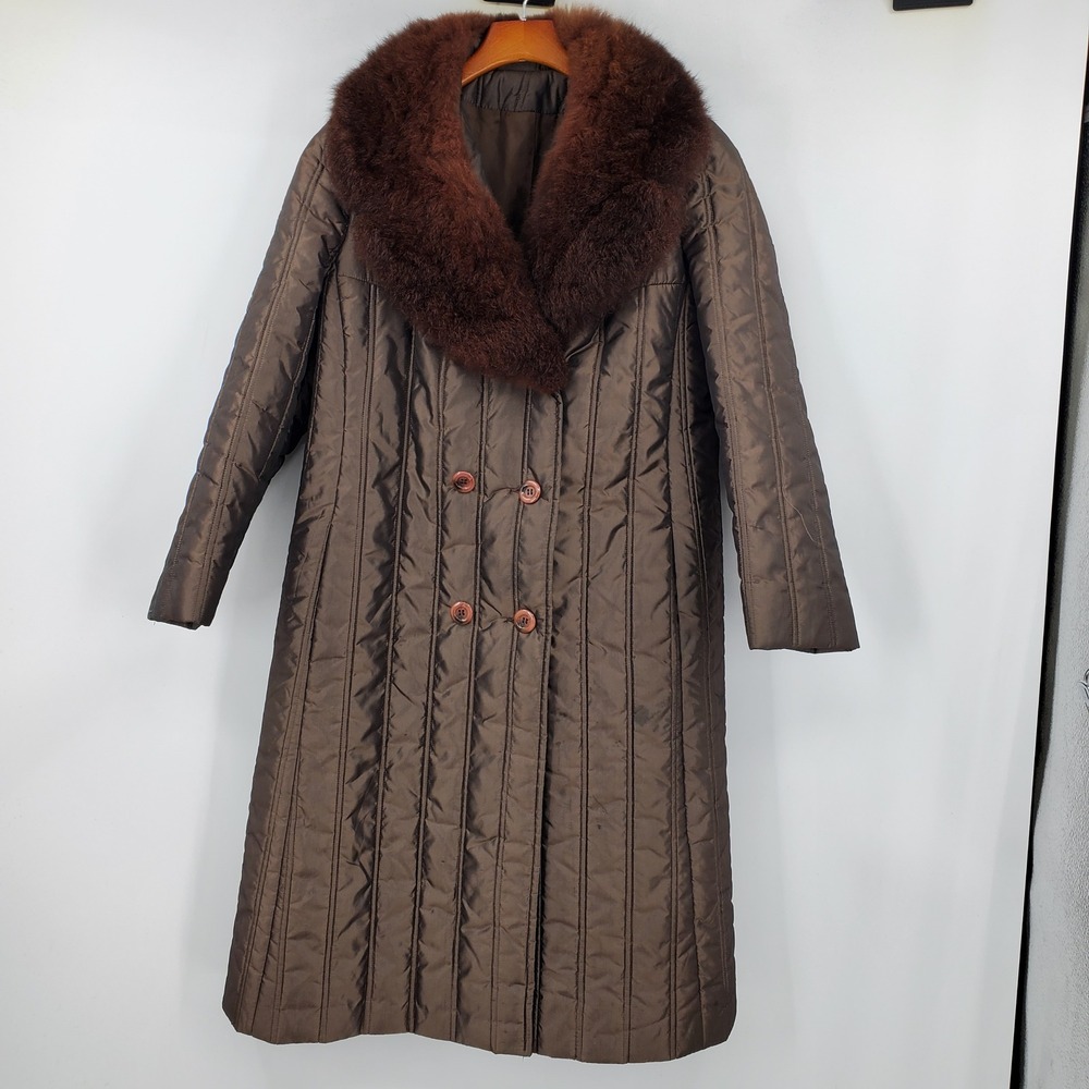 Vintage Carlton Deb Brown Quilted Long Coat Fur Collar ILGWU USA Mob Wife 70s